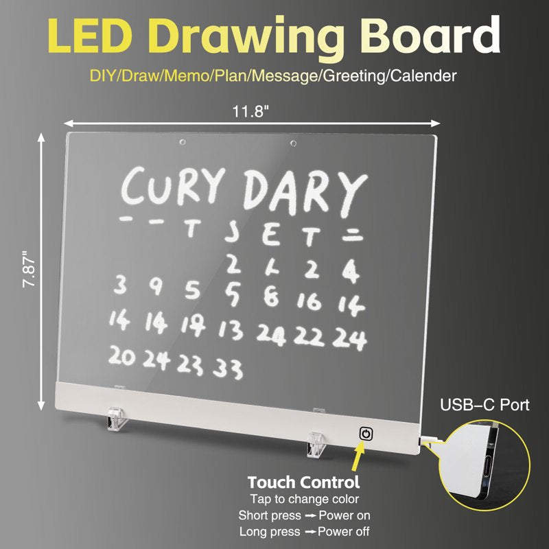 LED Acrylic Dry Erase Calendar Board with Markers - Wall & Desk Display