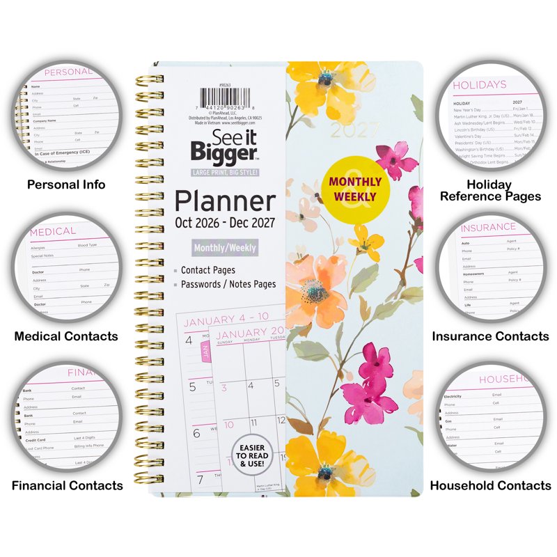 See It Bigger Floral Monthly Weekly Planner 15-Month, Large Print, 5.5 x 8.75 Inches