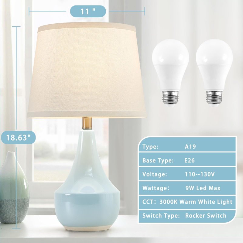 Set of 2 Modern Ceramic Table Lamps with Fabric Shades - Sky Blue, Green, Pink & More