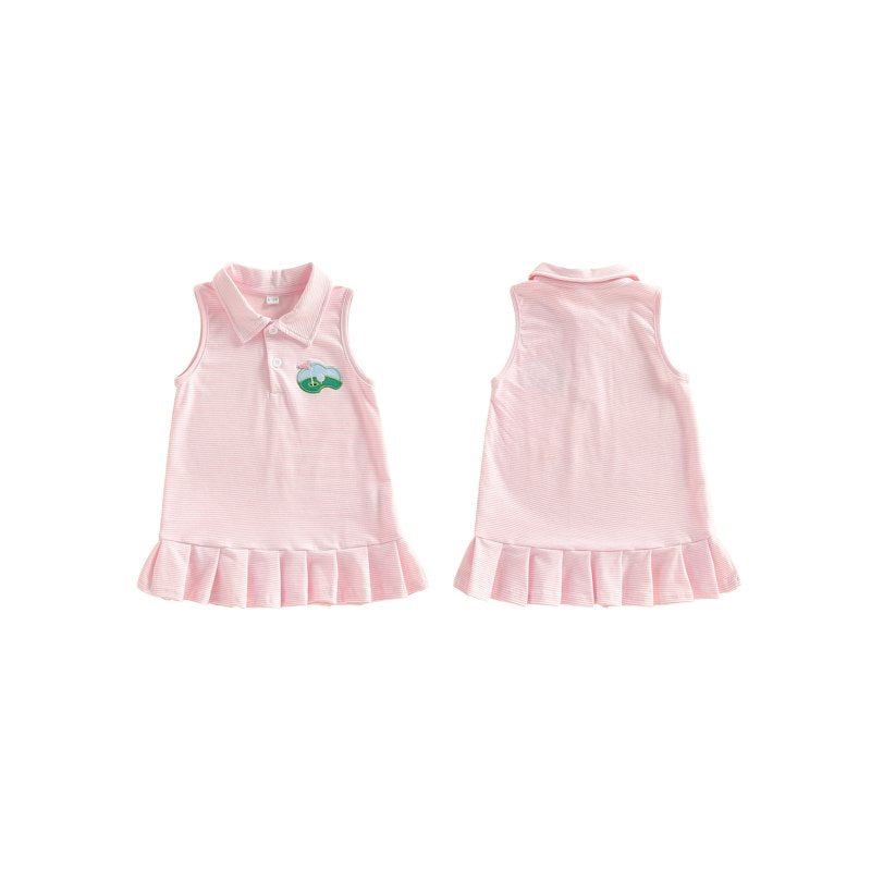 Toddler Girl Dress with Button Collar, Ruffled Hem, Embroidered Stripes and Plaid — Multiple Sizes & Colors