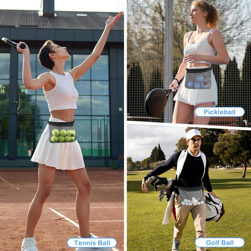 Tennis Ball Holder Waist Bag for 8-10 Balls, Adjustable Pouch - 2 Pack