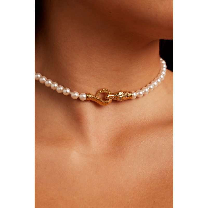 Silver Pearl Necklace with Croc Closure - Unisex Adult Jewelry