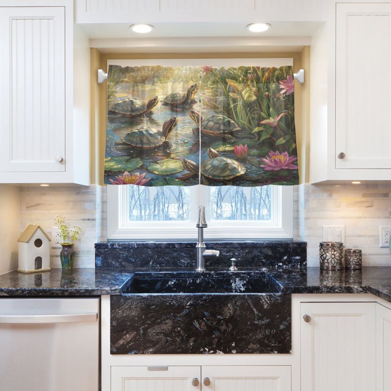 Set of 2 Kitchen Window Curtains Sunlit Turtle Pattern 27x24/36in - Privacy & Light Control
