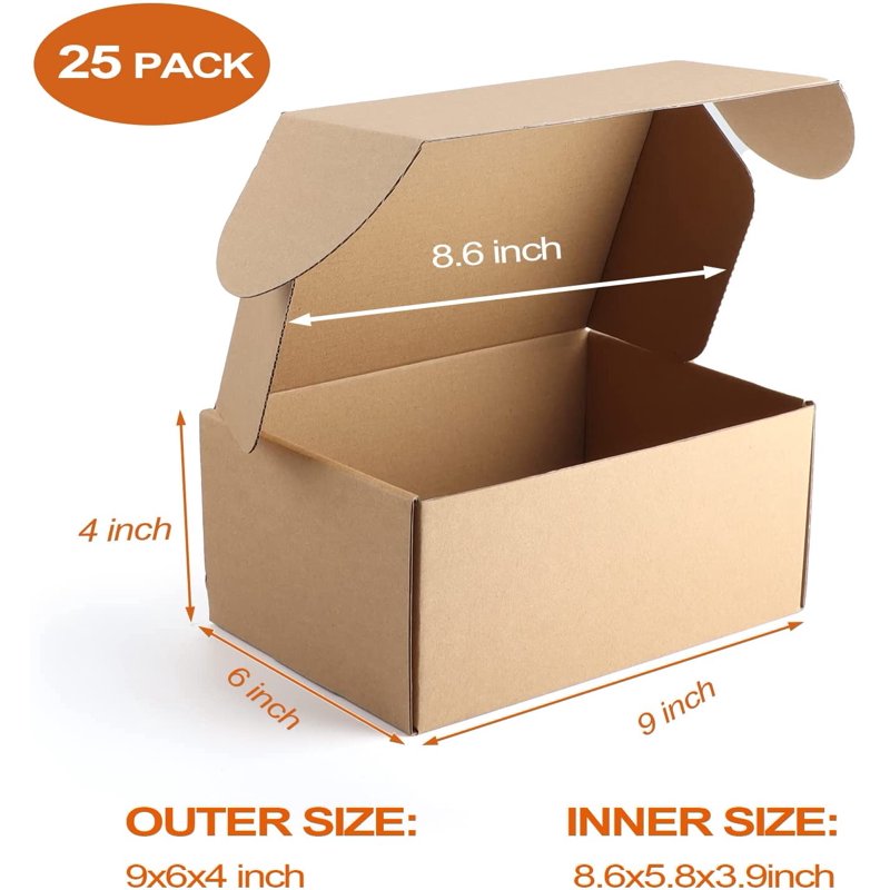 25 Pack Small Shipping Boxes 9x6x4 Inches Corrugated Cardboard Mailers