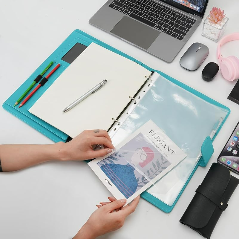 A4 Leather Portfolio Folder with Removable Binder & Multiple Pockets for Office Travel School