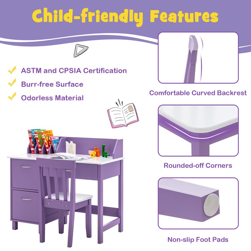 Kids Wooden Study Desk & Chair Set with Storage Drawer - Suitable for Ages 3-8