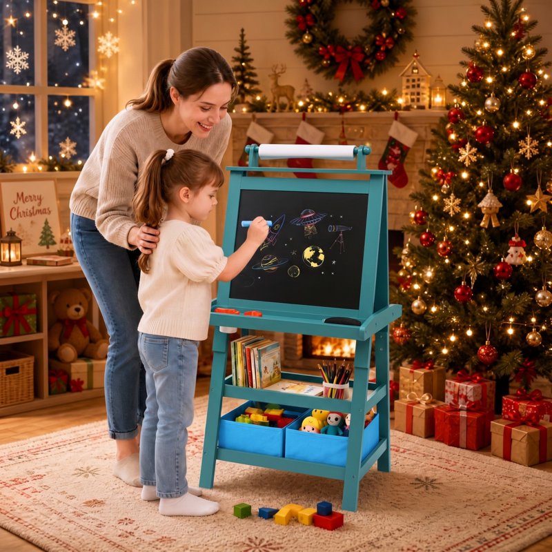 3-in-1 Kids Wooden Art Easel with Whiteboard & Chalkboard - Blue