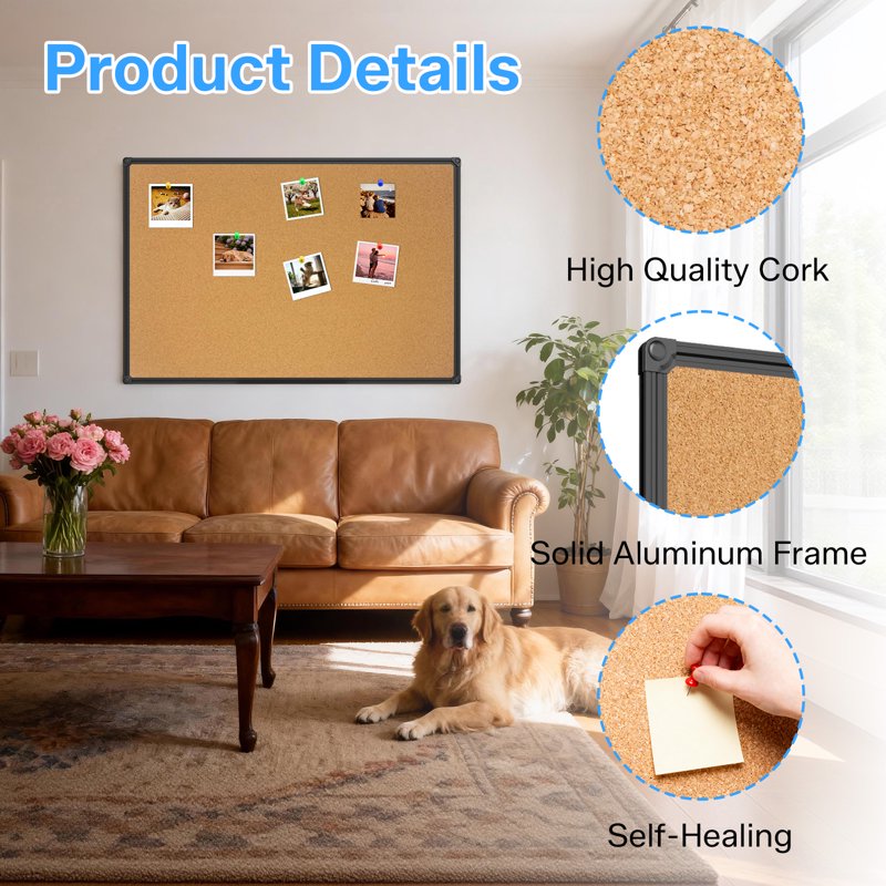 Large Cork Board Bulletin Board for Wall 35x23 Inches with Black Aluminum Frame Office Home
