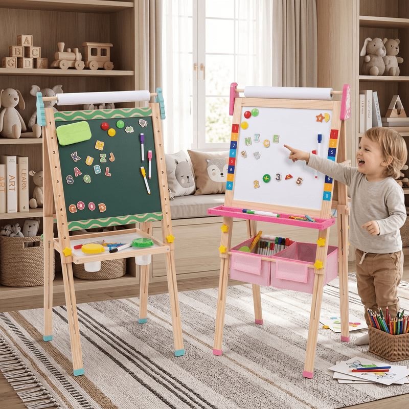 Kids Art Easel with Magnetic Whiteboard Chalkboard & Paper Roll - Adjustable 3-in-1 Wooden Drawing Stand for Toddlers