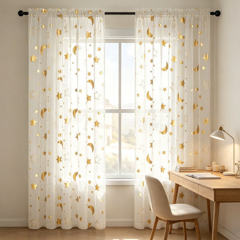 Light Filtering Sheer Curtains with Gold Star Print - 84 Inch Long Window Panel for Living Room & Bedroom