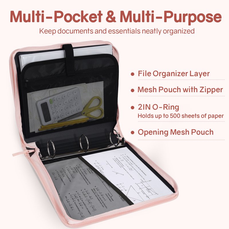 3 Inch Zippered Binder Bag with Handle, 500-Sheet Capacity, Multi-Pocket Organizer