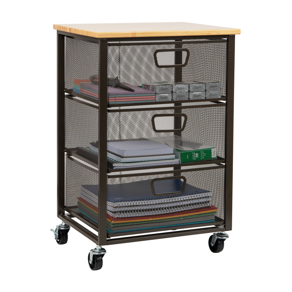3-Drawer Metal Rolling Storage Cart with Wood Top - Office Organizer, Mobile Cabinet