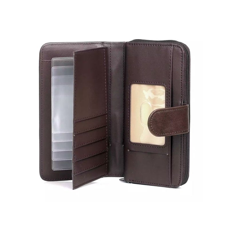 Women's Leather Checkbook Wallet with Multiple Card Slots and Zipper Closure