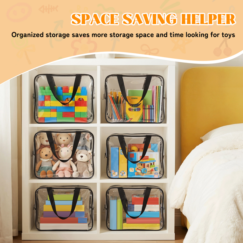 Clear Toy Storage Bags with Handles - 6 Pack, Waterproof Organizer Bins