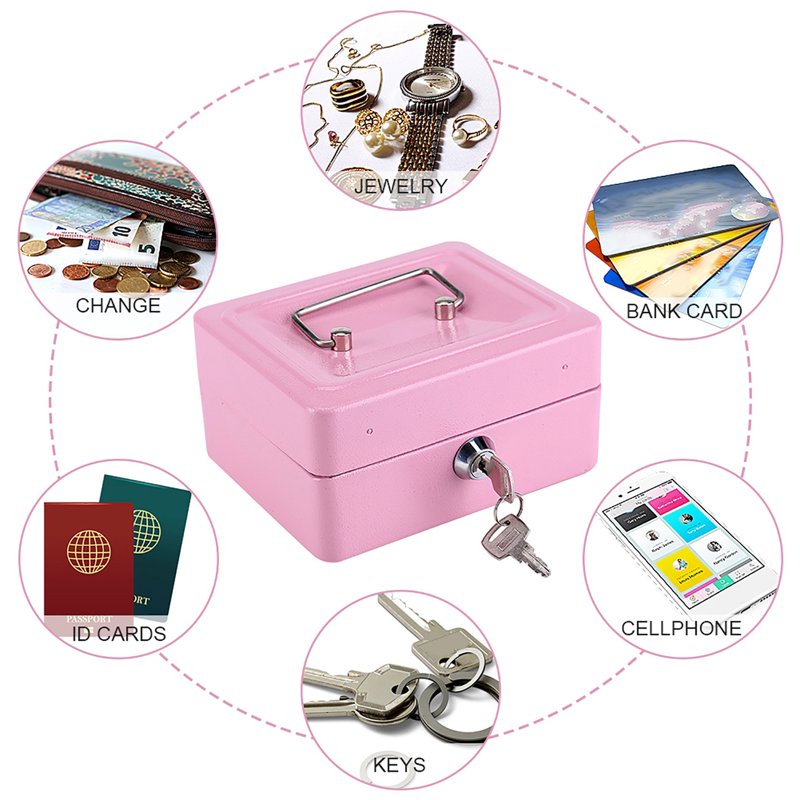 Mini Portable Steel Security Safe Box with Key Lock & Removable Tray - Pink