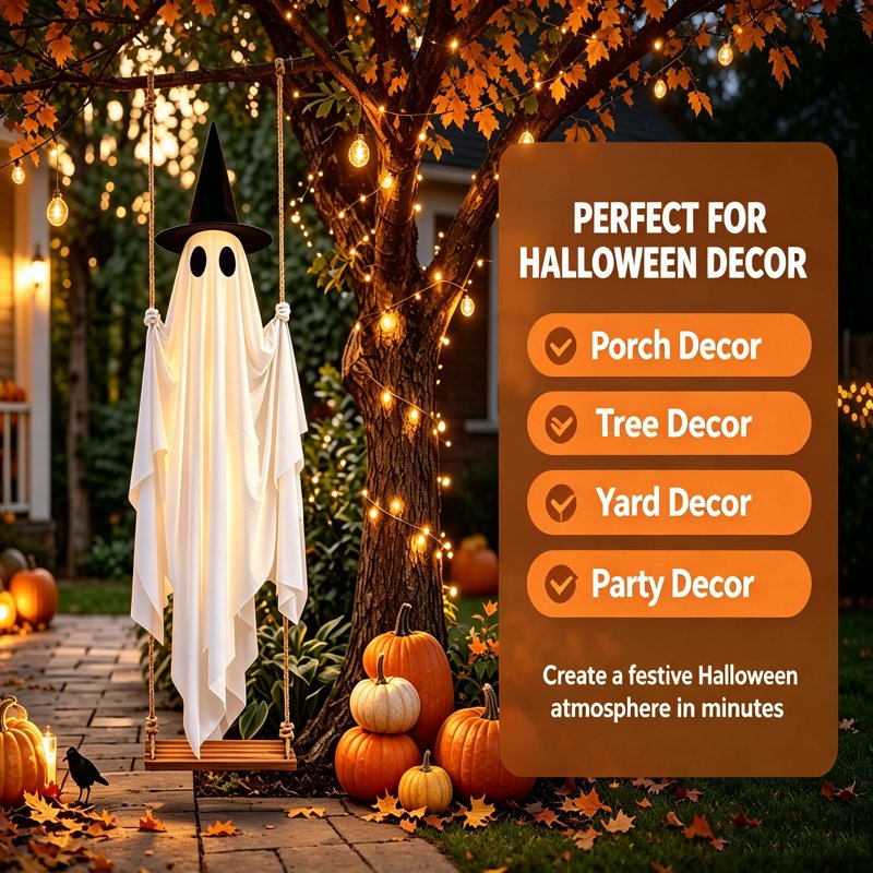 Outdoor Halloween Light-Up Ghost with Hanging Witch Hat | 4.3 ft Spooky Decor