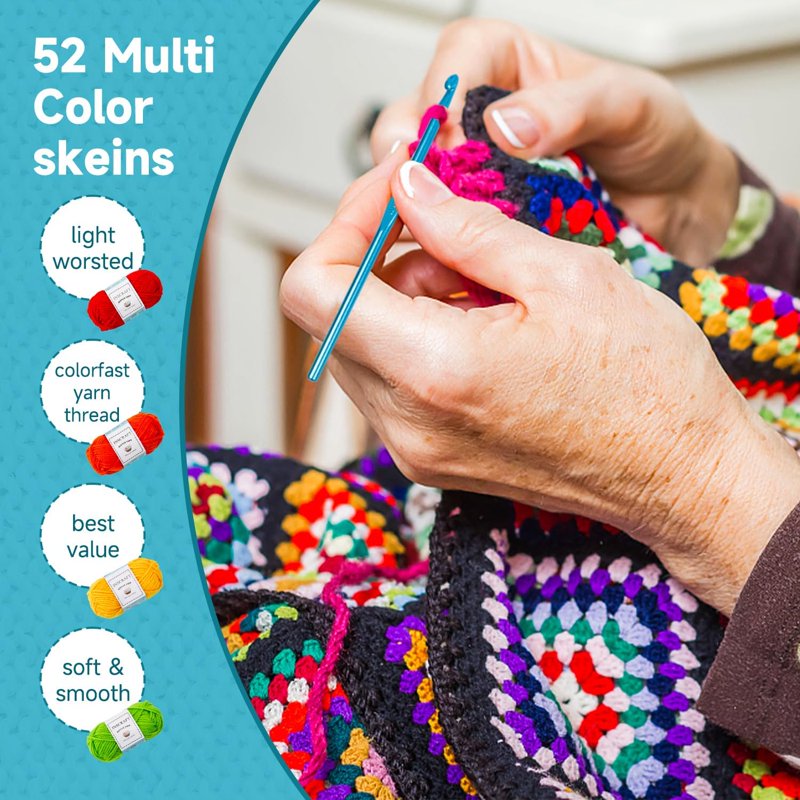 Crochet Yarn Kit with 52 Bright Acrylic Colors & Crochet Hooks - 67 Pieces