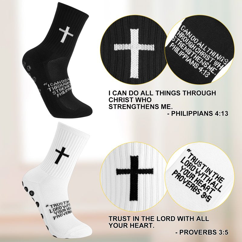Hengguang 4-Pair Cross Grip Soccer Socks, US 7-11, Anti-Slip Training Socks - White & Black