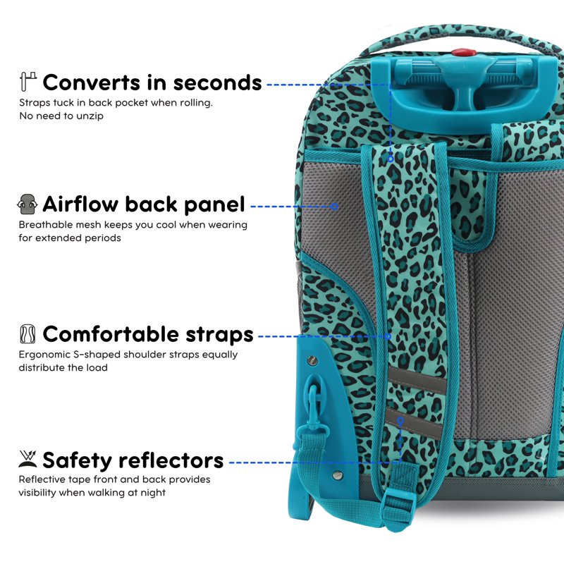 Girls 18-Inch Rolling Backpack for School and Travel - Mint Leopard