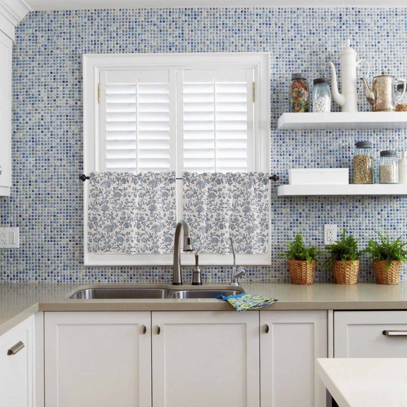 Farmhouse Blue Floral Half Window Curtain Tiers for Kitchen or Bathroom - 24 to 45 Inches Long, 2 Panels