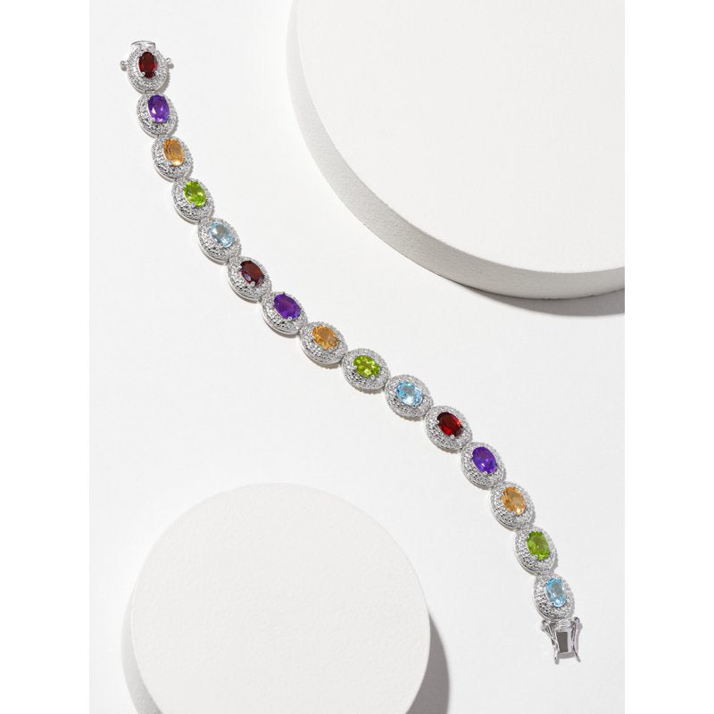 Sterling Silver Multi-Gemstone Tennis Bracelet with Diamond Accents 7.25"