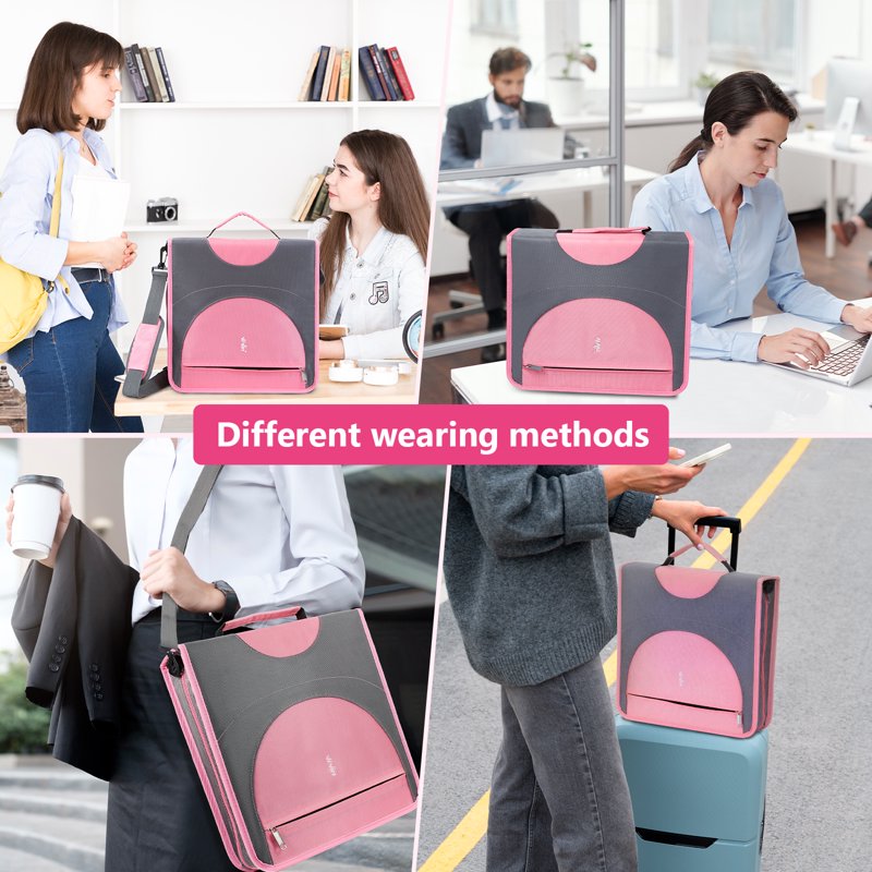 2-Inch Zipper Binder with O-Ring Mechanism and Multiple Pockets in Pink
