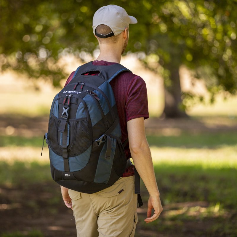 30L Unisex Outdoor Hiking Backpack with Water Bottle - Blue