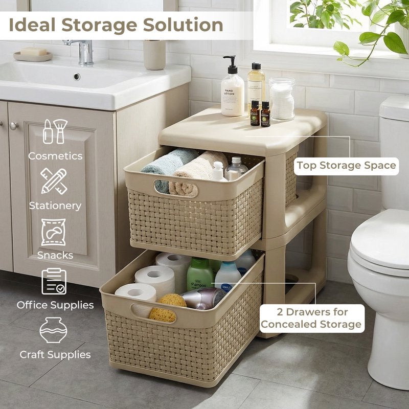 2-Drawer Storage Cabinet with Wicker Pattern Handles for Bedroom Bathroom - Compact Organizer