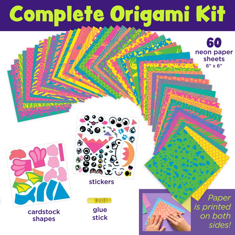 Kids Origami Craft Kit with Bright Double-Sided Paper & Stickers - Ages 7+
