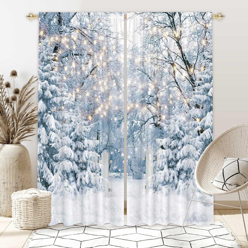 Winter Scene Window Curtain Pair - Blue Wonderland Snowflake Forest for Christmas & Home Decor