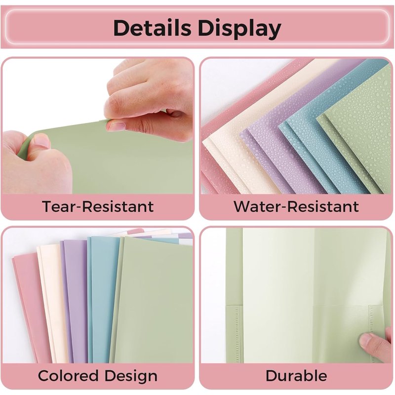 5 Pack Pastel Plastic Pocket Folders with 3 Prongs, Letter Size Office & School Organizers