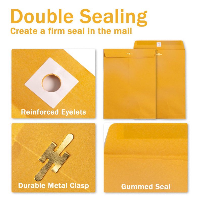 9x12 Clasp Envelopes with Gummed Seal - 100 Pack Kraft Mailing Envelopes for Business & Office