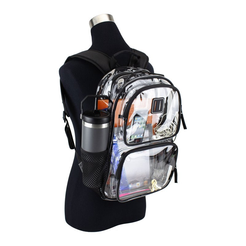 Clear 16-Inch Unisex Backpack with Multiple Compartments - Black