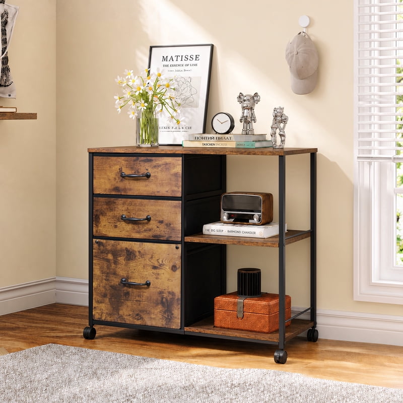 3-Drawer File Cabinet with Rolling Storage & Side Shelf for Home Office