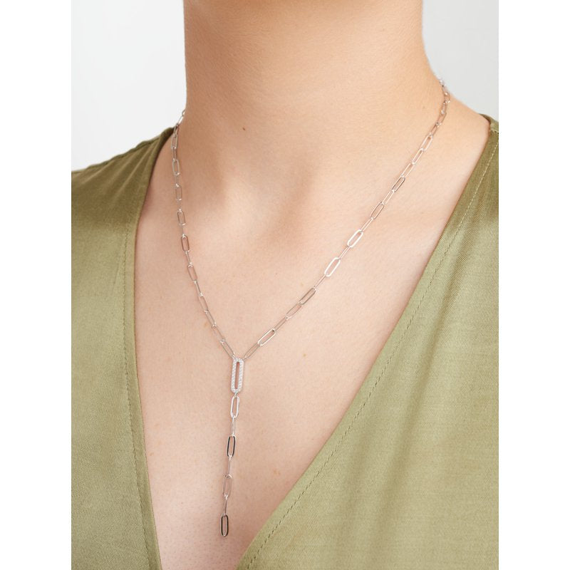 Sterling Silver CZ Paperclip Necklace 18" + 2" Extension Lariat Jewelry