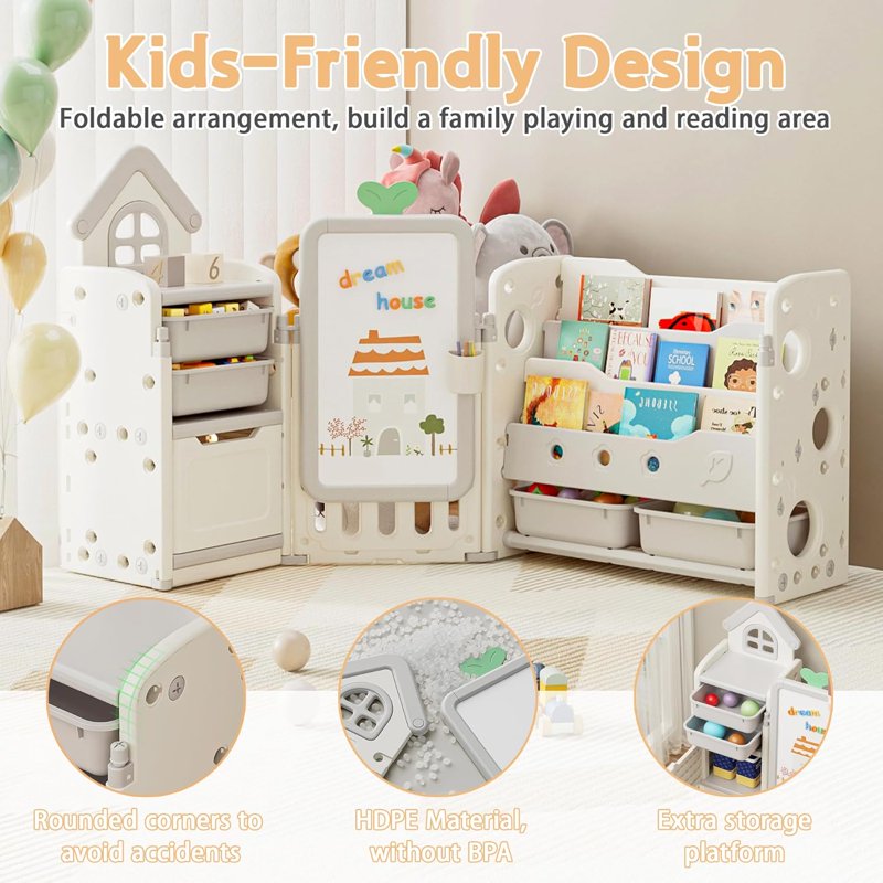 Kids Toy Storage Organizer with 10 Removable Bins & 3-Tier Bookshelf, Foldable