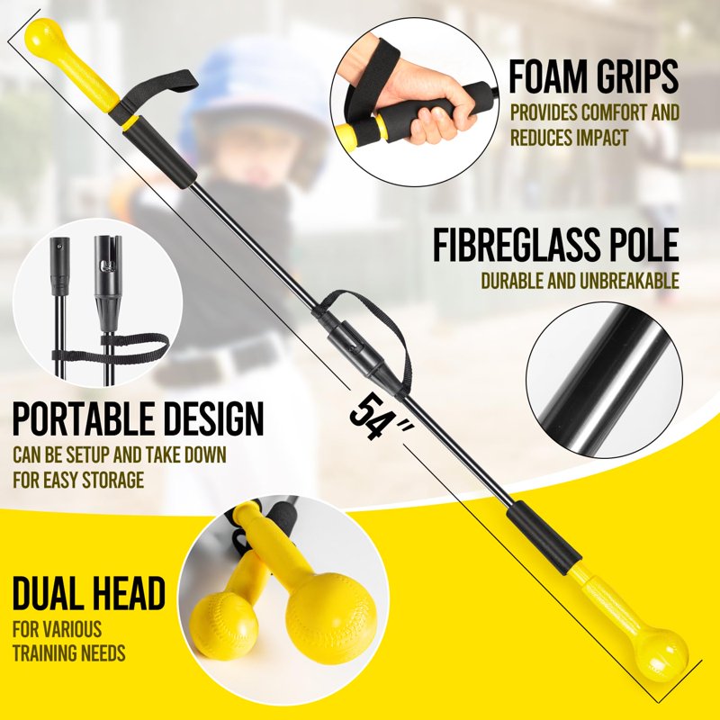 Baseball Hitting Stick with Dual-Size Ball Head, Portable Swing Trainer
