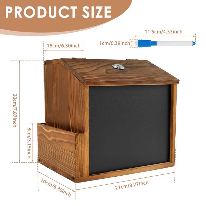 Wood Suggestion Box with Lock & Chalkboard - Wall & Countertop Mountable Donation & Comment Box