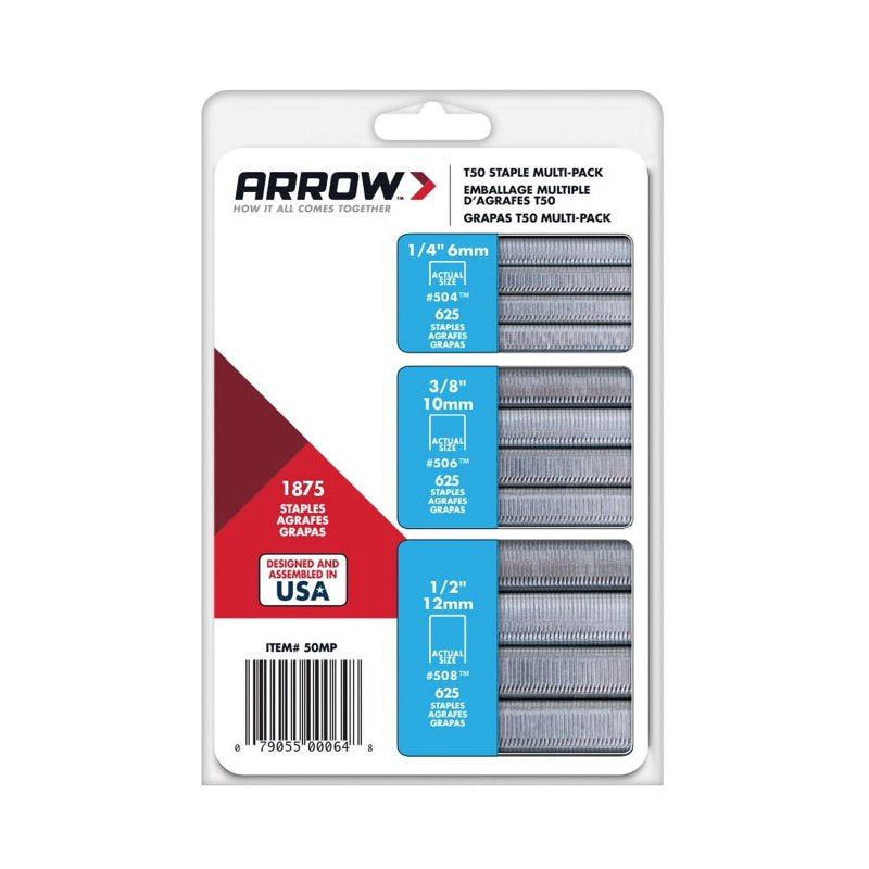 Arrow T50 Multi-Pack Heavy-Duty Staples, Sizes 1/4", 3/8", and 1/2",
