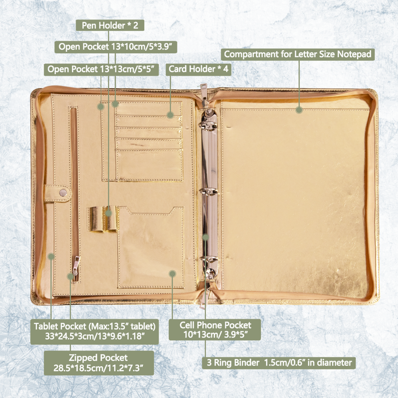 Vegan Leather Portfolio Binder with Zipper & Tablet Sleeve - Gold