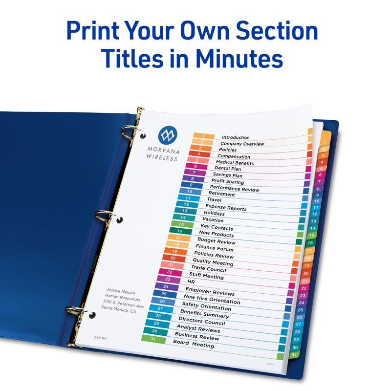 Office Binder Dividers with Tabs and Printable Table of Contents - 6 Sets of 31
