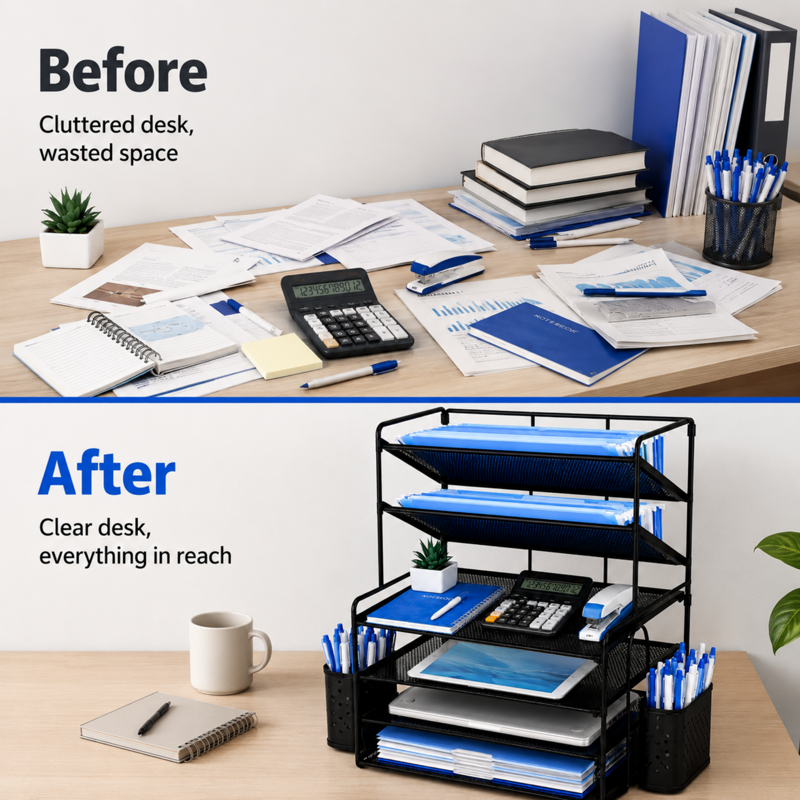 6-Tier Metal Desk Organizer with File Trays & Pen Holders - Office & Home