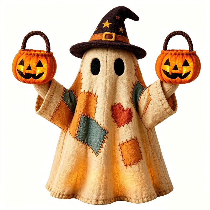 L-Shaped Halloween Patchwork Ghost Light Up Figurine with Pumpkin - Resin Table Lamp