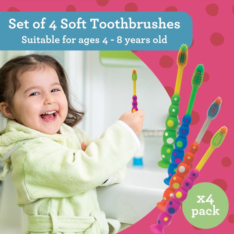 Kids Soft Manual Toothbrushes with Suction Cup Base - Pack of 4