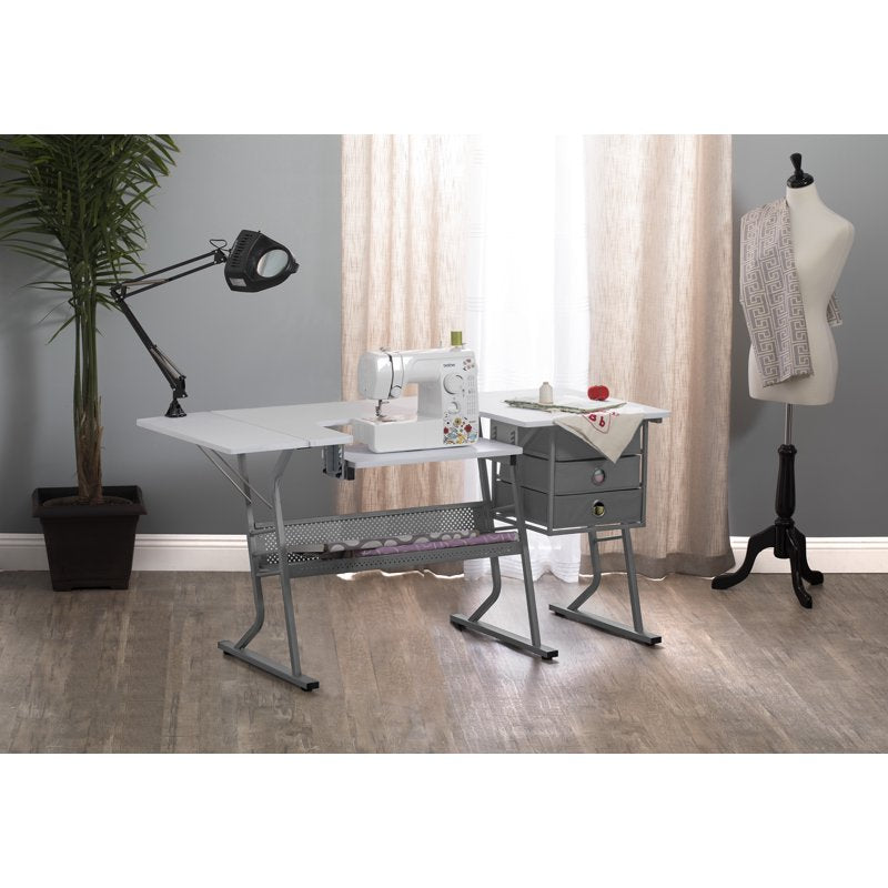 Large Sewing Machine Table with Storage, Adjustable Shelf & Foldable Side Shelf