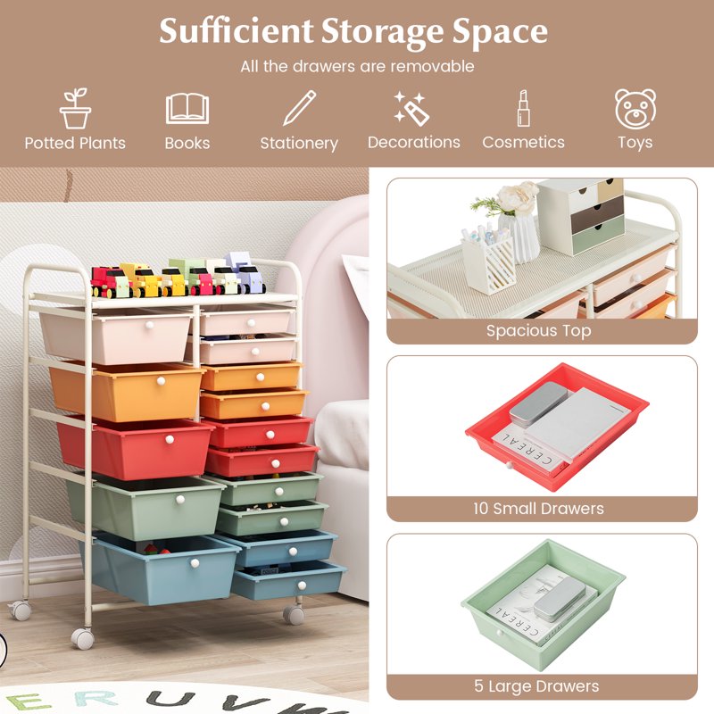 15-Drawer Rolling Storage Cart for Art, Craft, Office & Organization