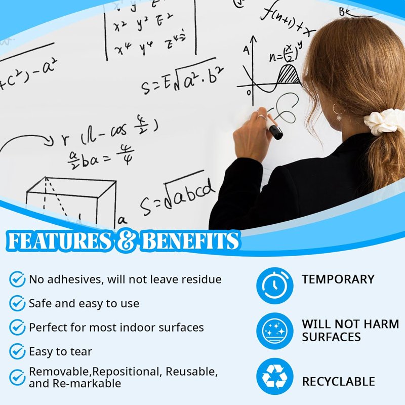Reusable Dry Erase Whiteboard Sheets Roll for Wall Classroom Office - 18x197 Inches