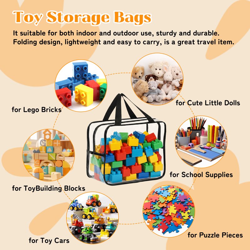 Clear Toy Storage Bags with Handles - 6 Pack, Waterproof Organizer Bins