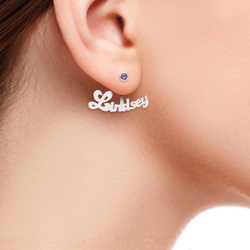 Personalized Birthstone Earrings with Name and Bubble Script - Gold, Silver, Rose Gold