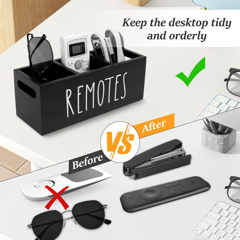 Wooden Remote Control Holder with 3 Compartments for Living Room Nightstand